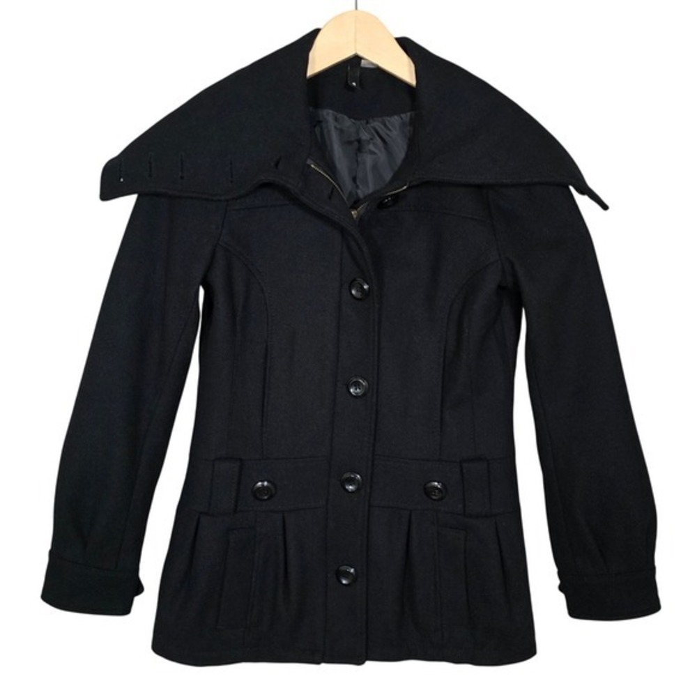 H&M Women's Wool Blend Foldover Neck Oversized Drape Collar Pea Coat Black 4